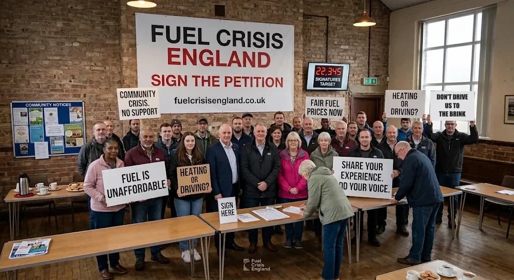 People gathered in a community hall around a Fuel Crisis England banner reading sign the petition, with a 25,000 signatures target. They hold signs including: Fuel is unaffordable; Heating or driving?; Community crisis, no support; Share your experience, add your voice. Two people sign a form at a table.